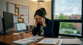 une femme sur son bureau qui se tient la tête
