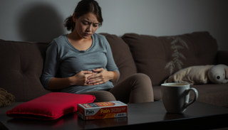 femme assise sur le canapé avec la main sur le ventre 