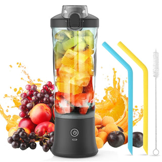 blender portable noir avec des fruits et ses accessoires